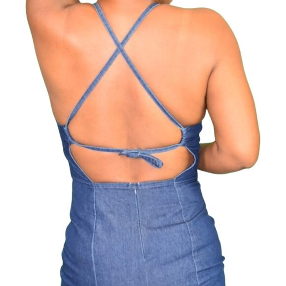Vintage Guess Denim Dress Blue Jean Bodycon Pencil Halter Back Ties Size Small - Picture 5 of 15